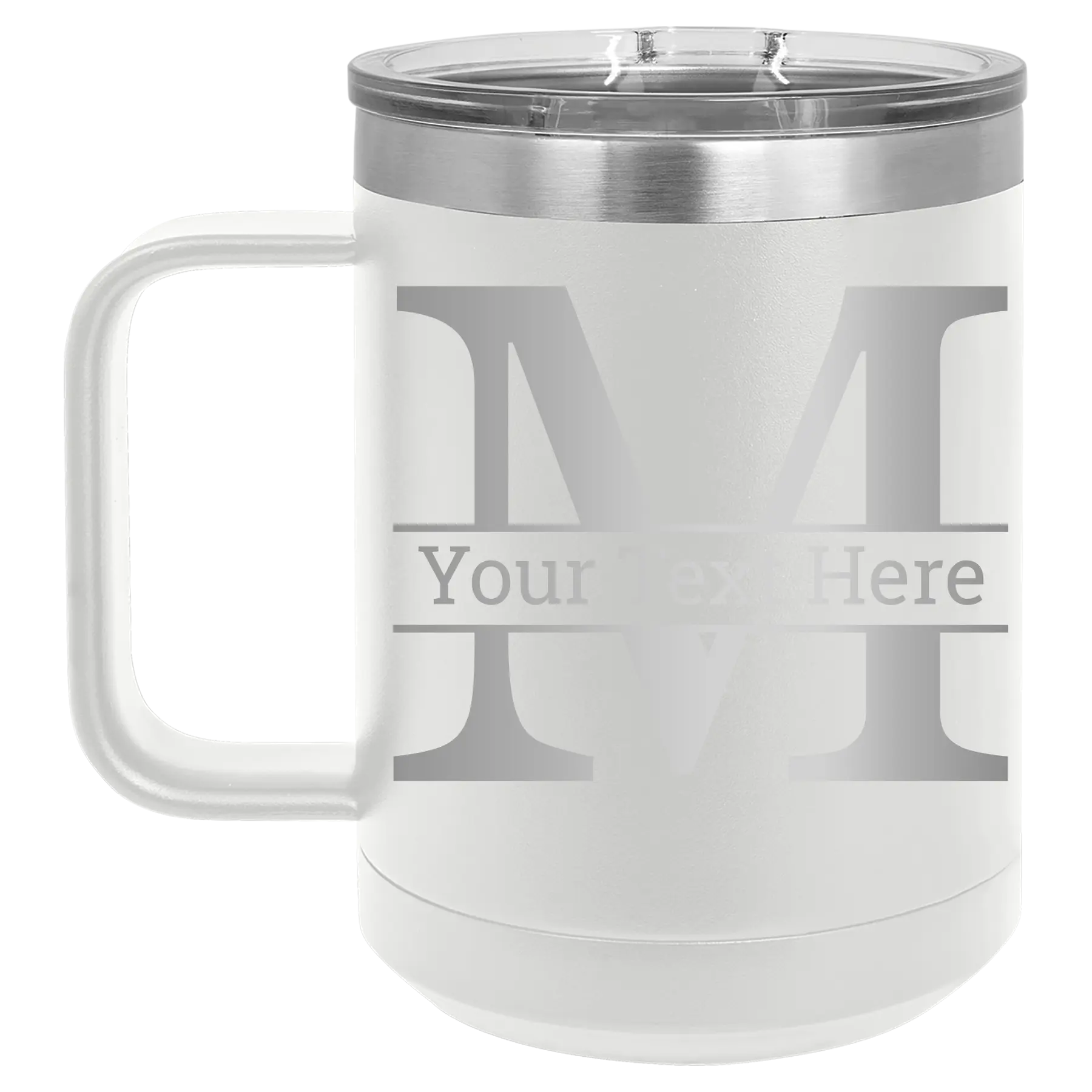 Personalized white 15 oz vacuum insulated coffee mug with 'Monogram letter M' design