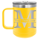 Personalized yellow 15 oz vacuum insulated coffee mug with 'Monogram letter M' design