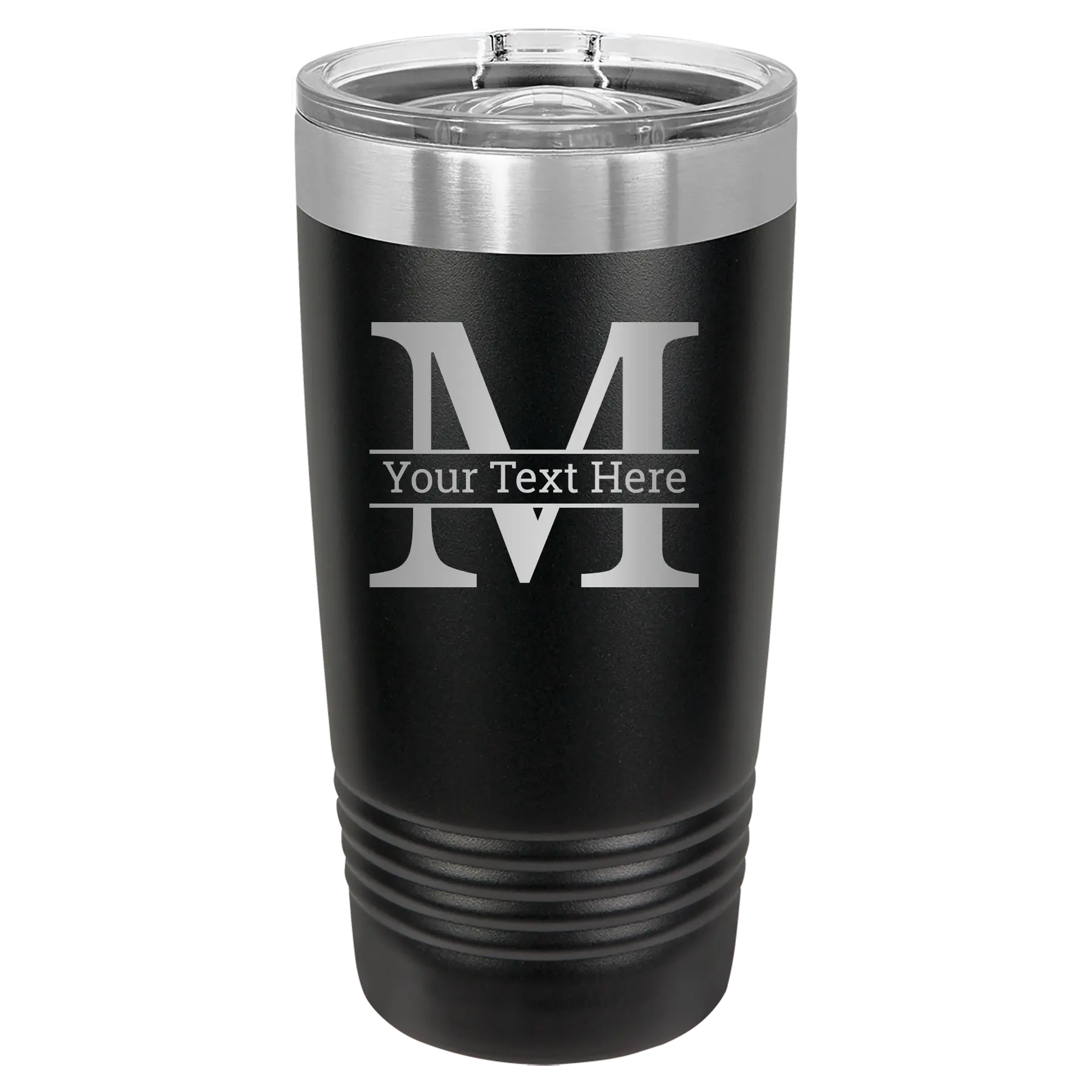 Personalized black 20 oz vacuum insulated tumbler with 'Monogram letter M' design