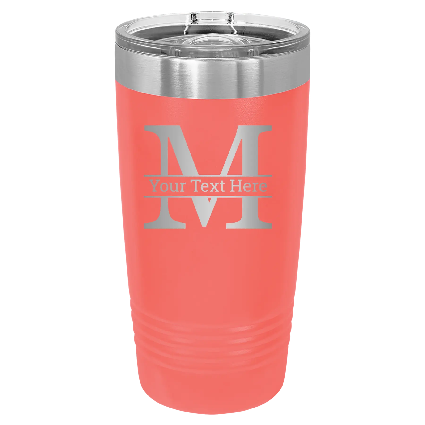 Personalized coral 20 oz vacuum insulated tumbler with 'Monogram letter M' design