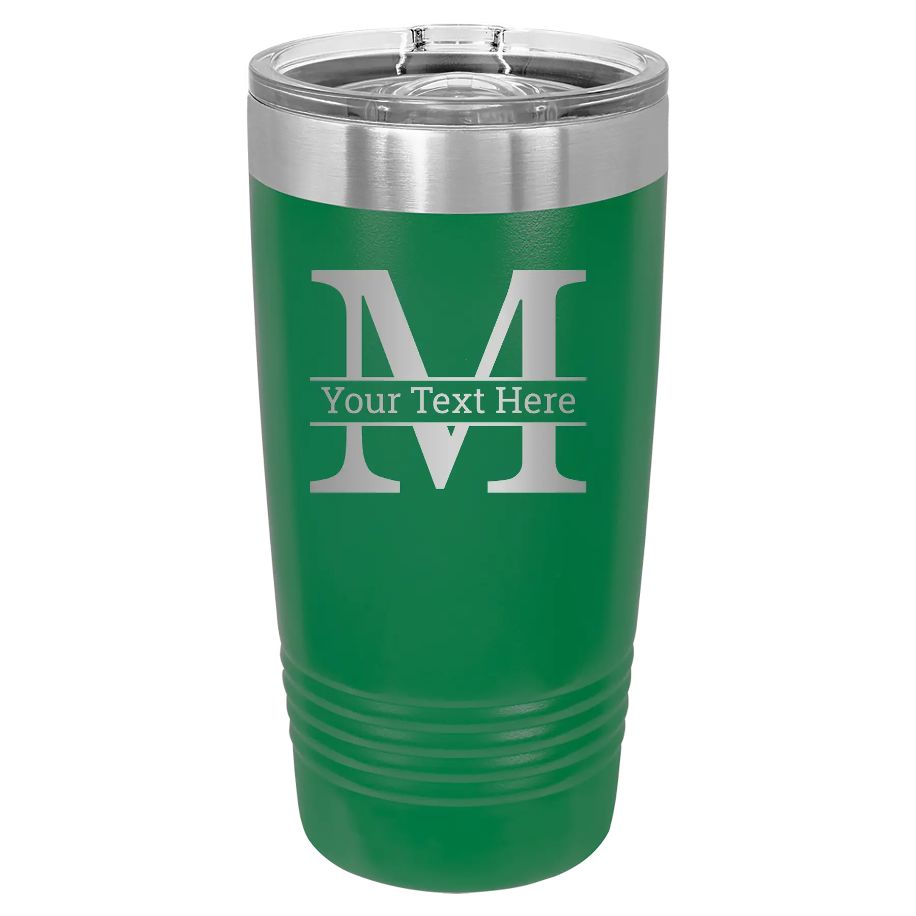 Personalized green 20 oz vacuum insulated tumbler with 'Monogram letter M' design