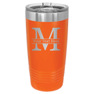 Personalized orange 20 oz vacuum insulated tumbler with 'Monogram letter M' design