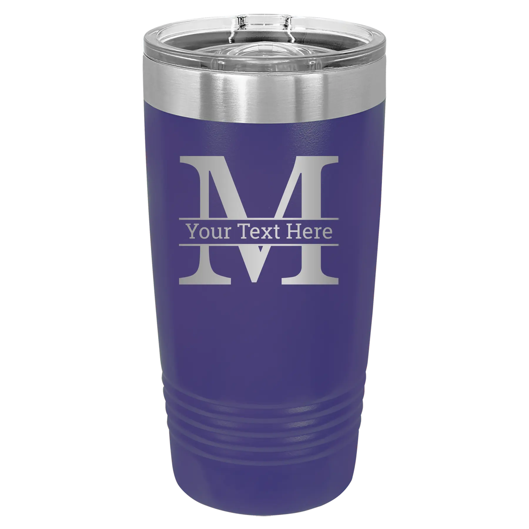 Personalized purple 20 oz vacuum insulated tumbler with 'Monogram letter M' design