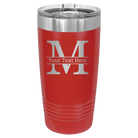 Personalized red 20 oz vacuum insulated tumbler with 'Monogram letter M' design