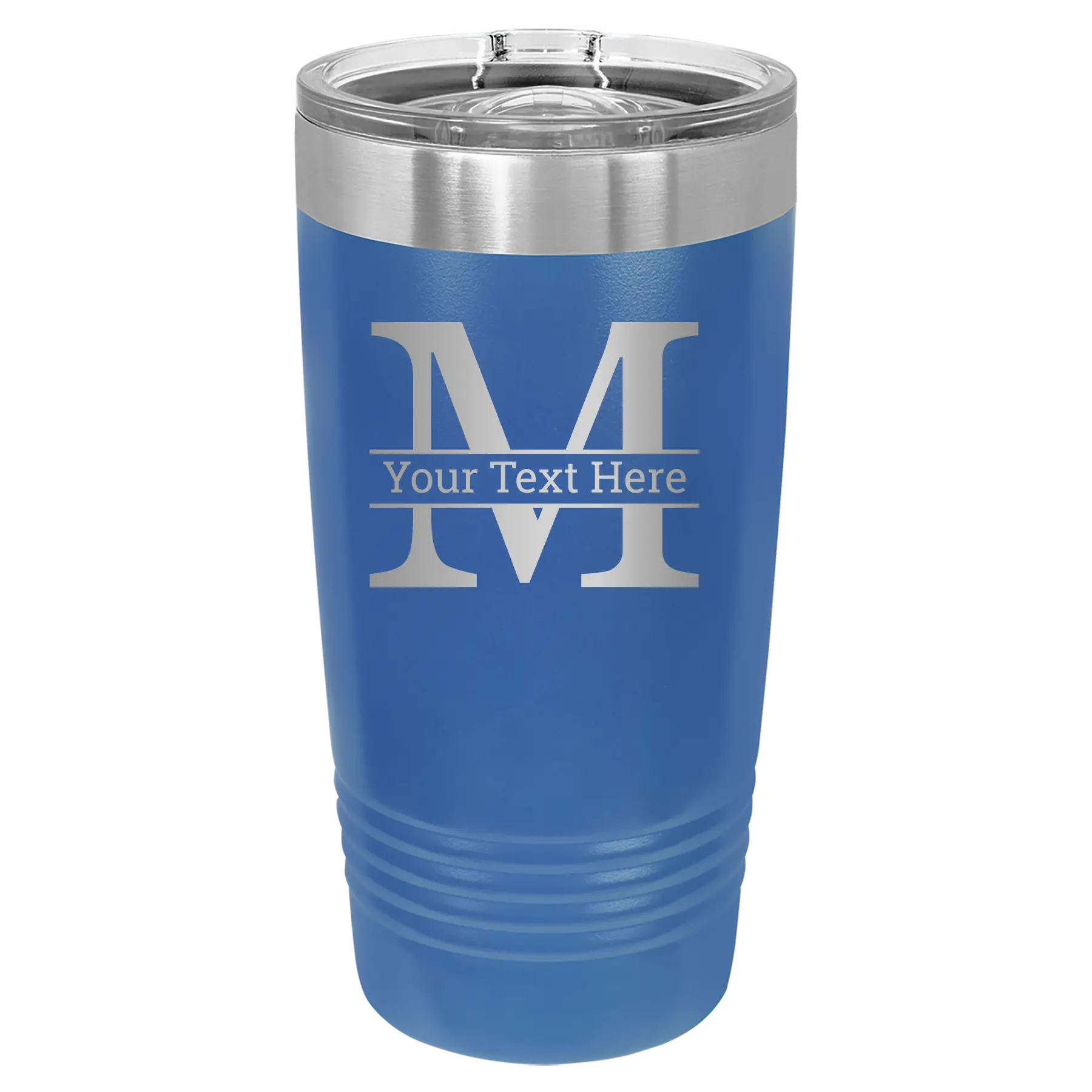 Personalized royal blue 20 oz vacuum insulated tumbler with 'Monogram letter M' design