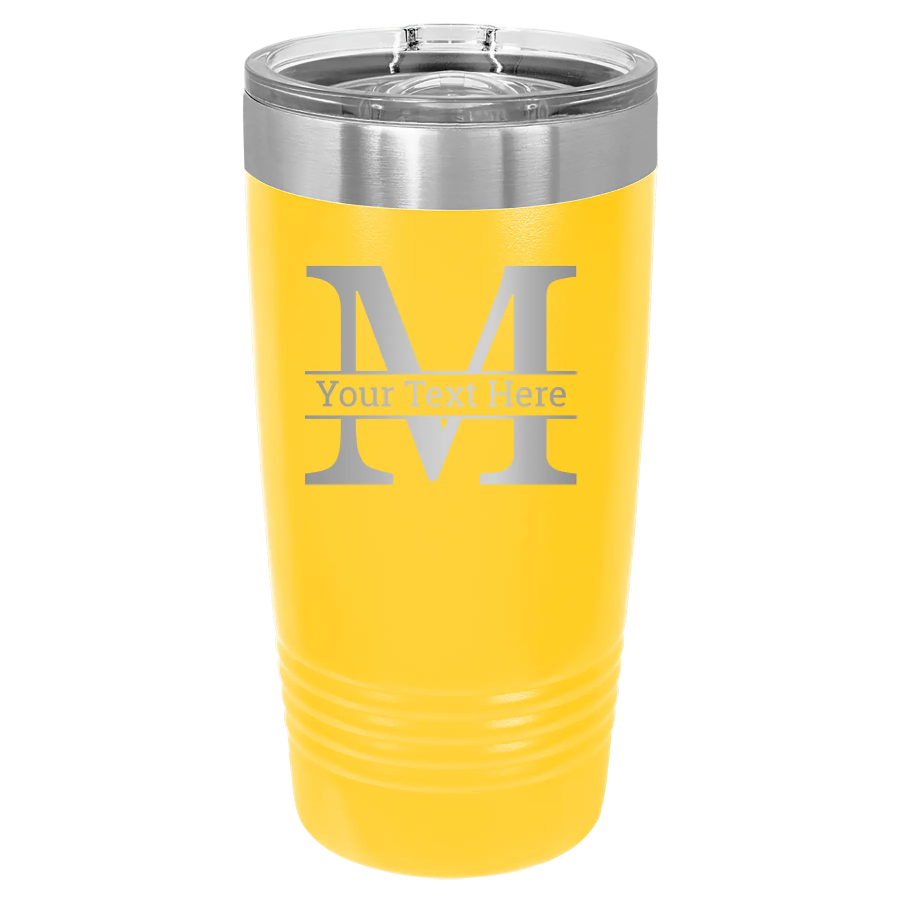 Personalized yellow 20 oz vacuum insulated tumbler with 'Monogram letter M' design