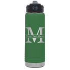 Personalized green 20 oz vacuum insulated water bottle with 'Monogram letter M' design