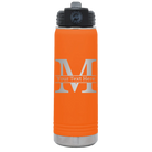 Personalized orange 20 oz vacuum insulated water bottle with 'Monogram letter M' design