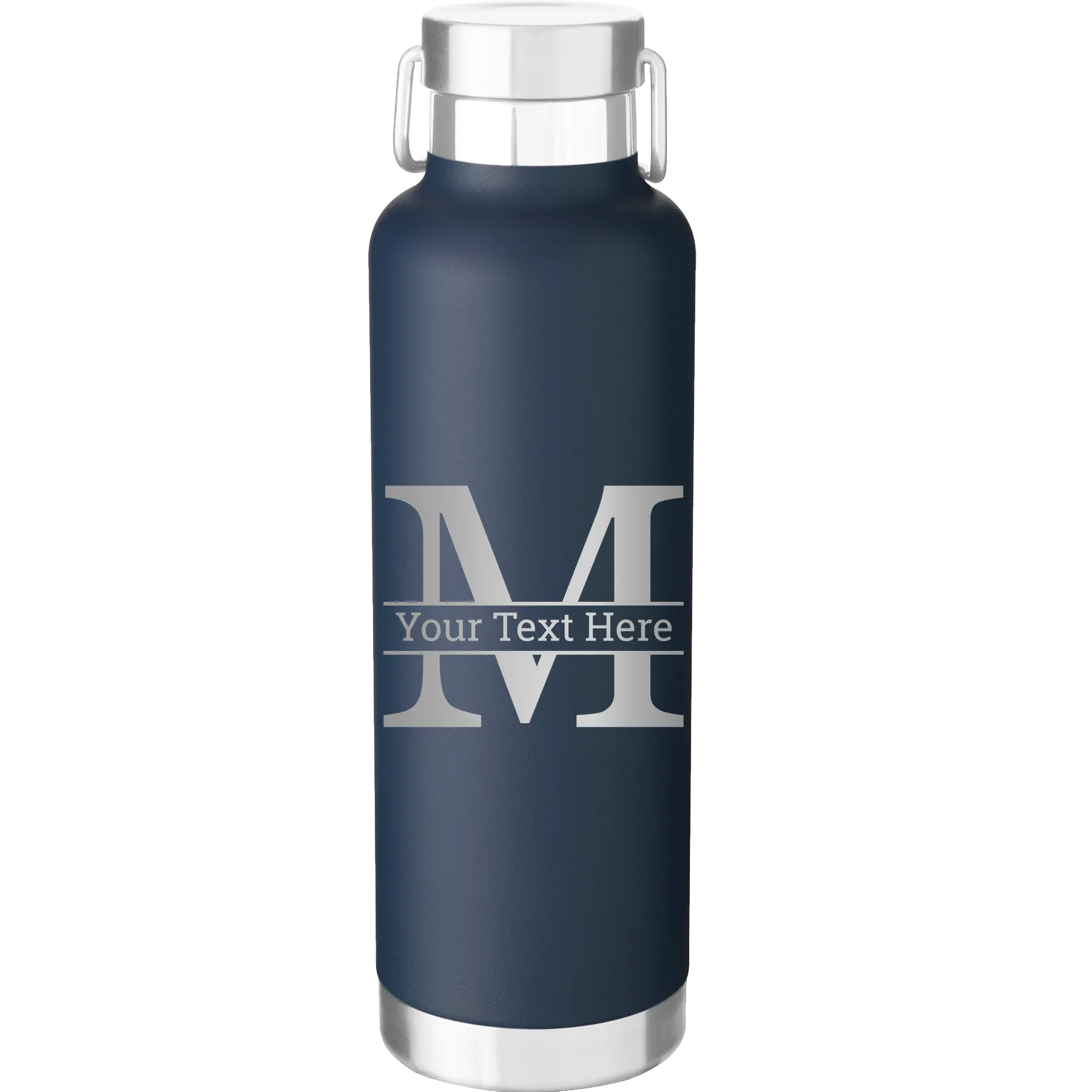 Personalized navy 24 oz vacuum insulated water bottle with 'Monogram letter M' design
