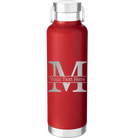 Personalized red 24 oz vacuum insulated water bottle with 'Monogram letter M' design