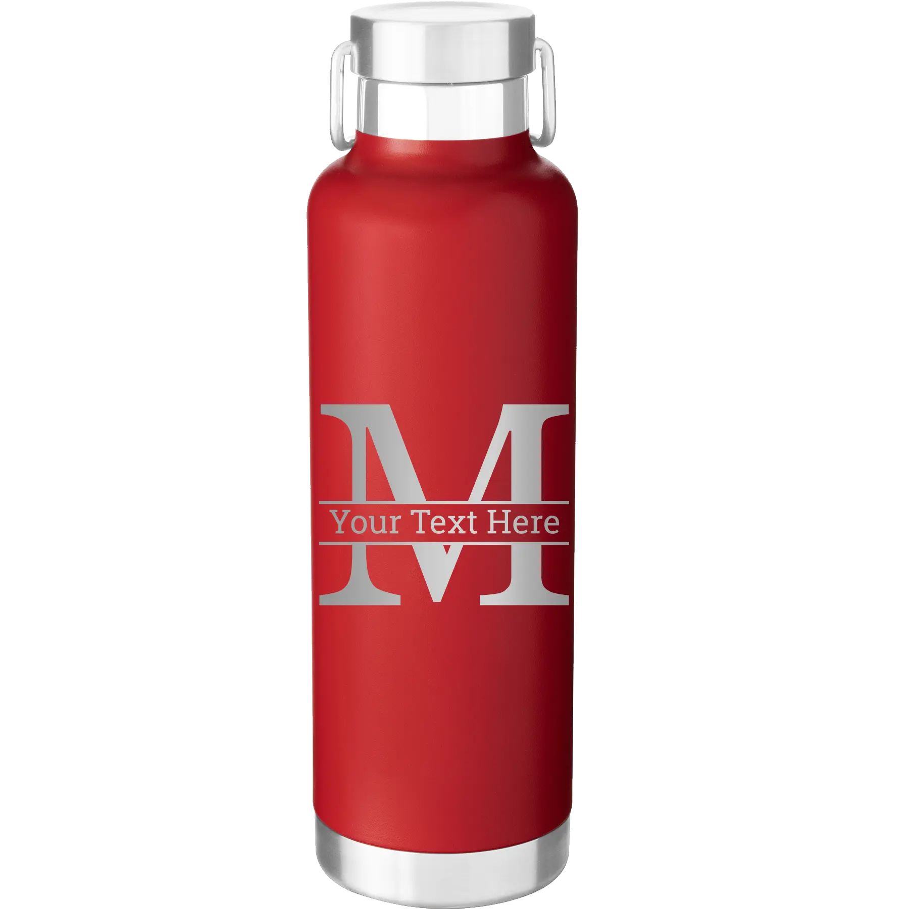 Personalized red 24 oz vacuum insulated water bottle with 'Monogram letter M' design