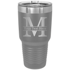Personalized dark gray 30 oz vacuum insulated tumbler with 'Monogram letter M' design