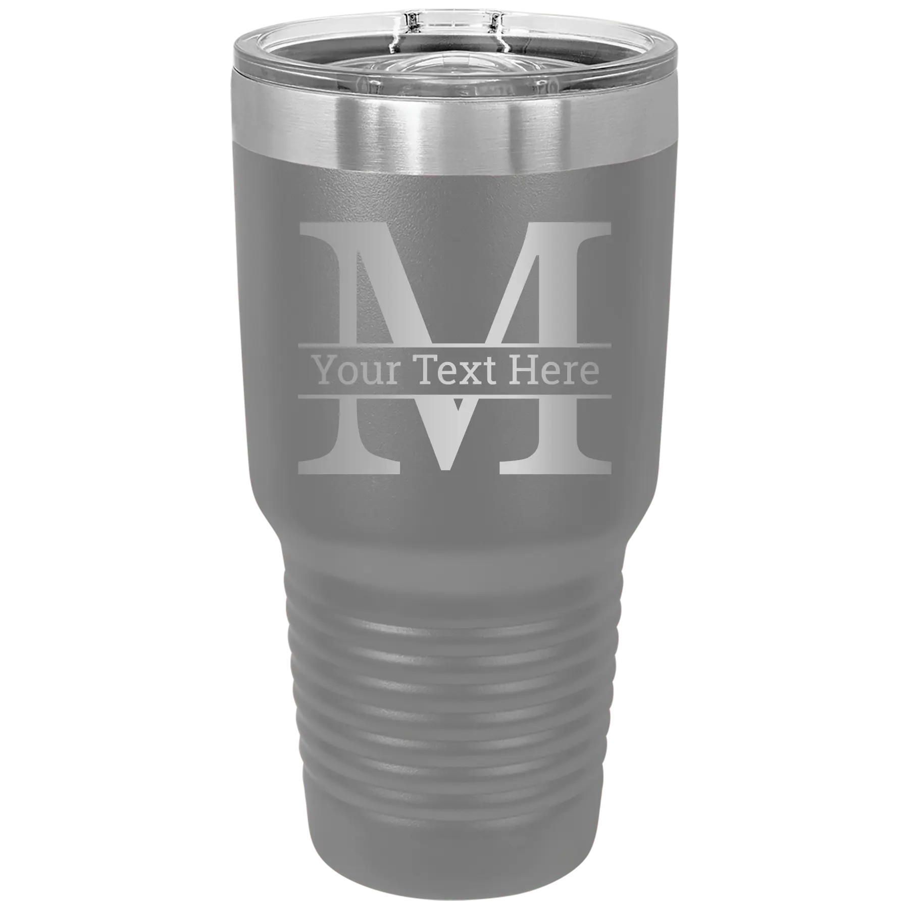Personalized dark gray 30 oz vacuum insulated tumbler with 'Monogram letter M' design
