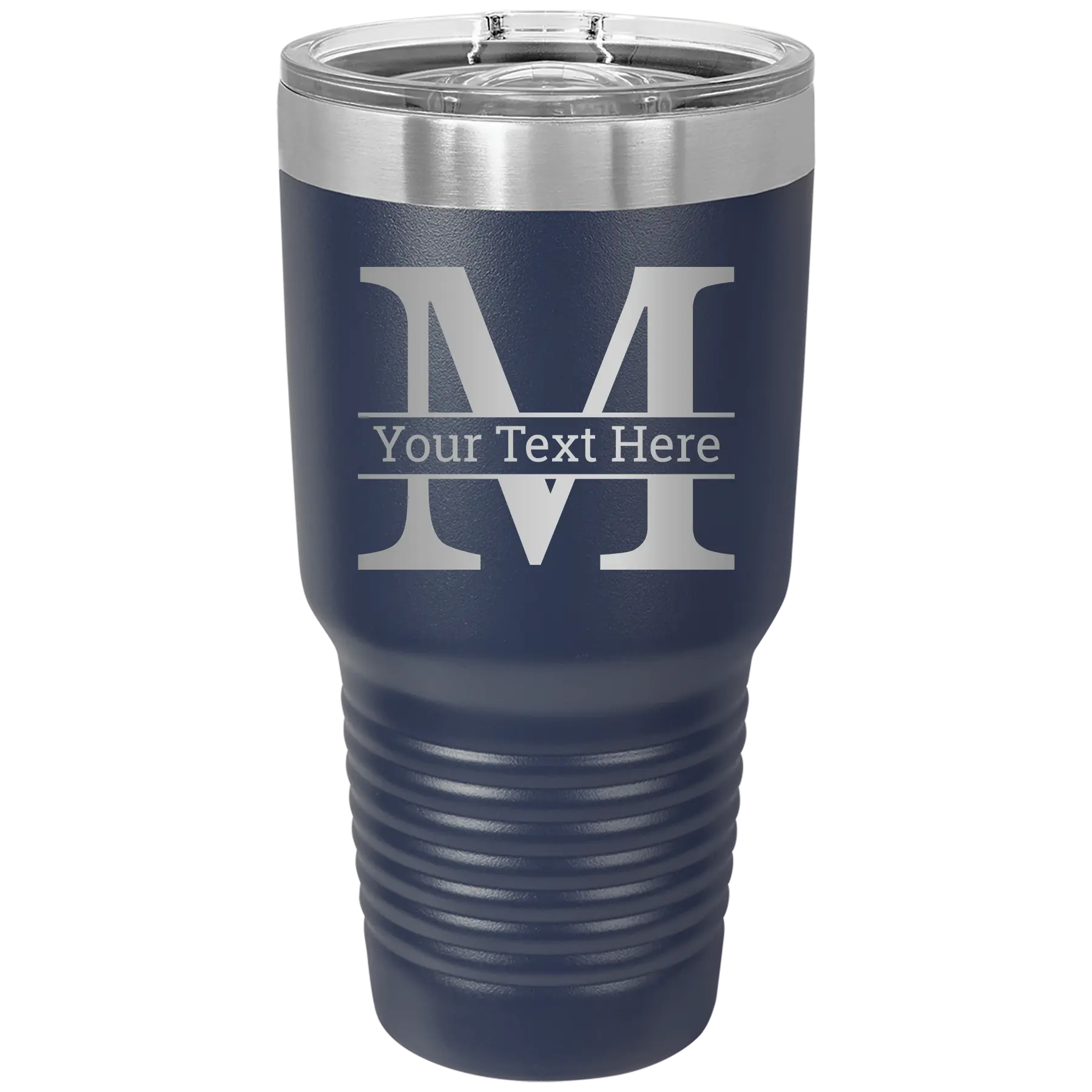 Personalized navy 30 oz vacuum insulated tumbler with 'Monogram letter M' design