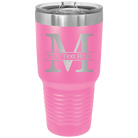Personalized pink 30 oz vacuum insulated tumbler with 'Monogram letter M' design