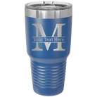 Personalized royal blue 30 oz vacuum insulated tumbler with 'Monogram letter M' design