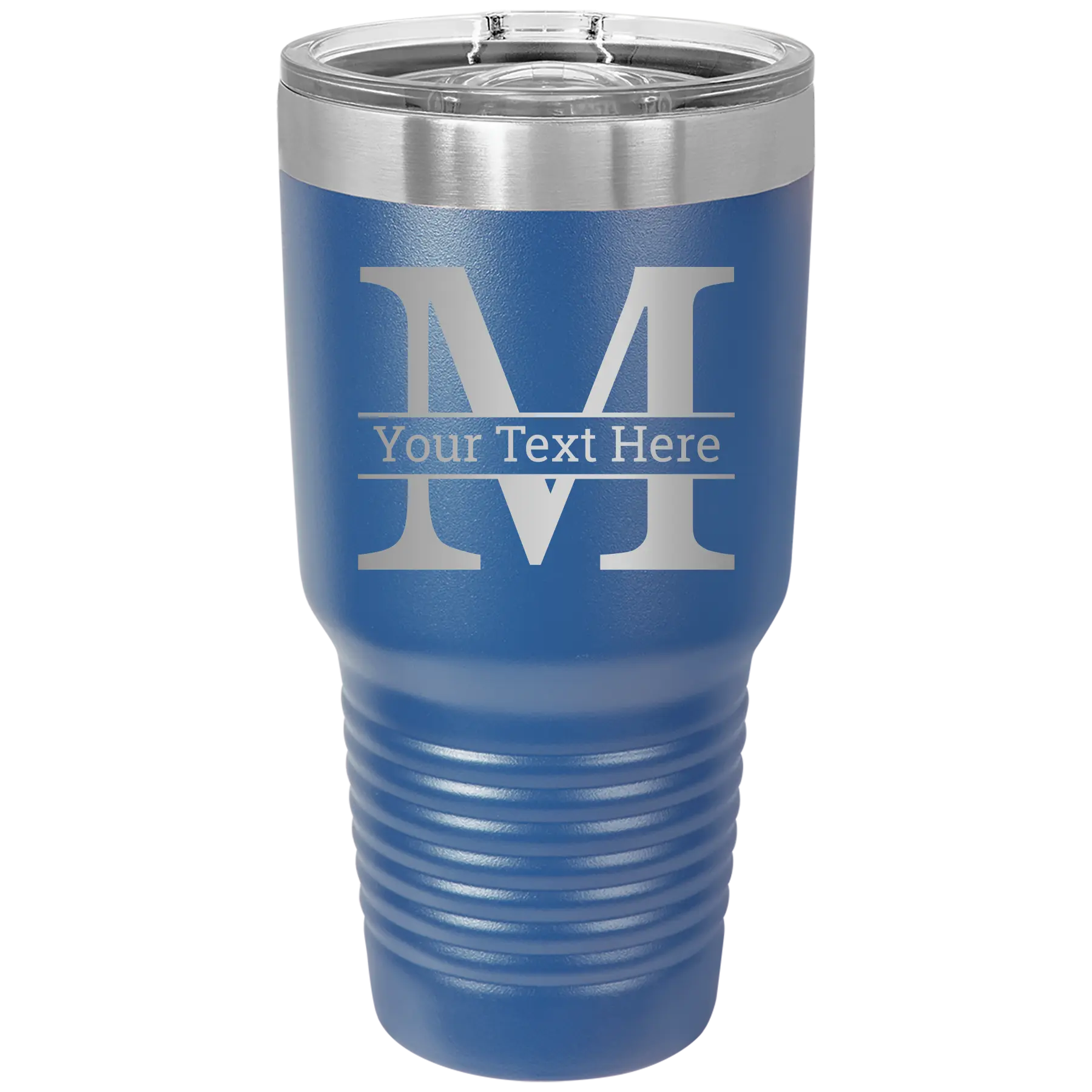 Personalized royal blue 30 oz vacuum insulated tumbler with 'Monogram letter M' design