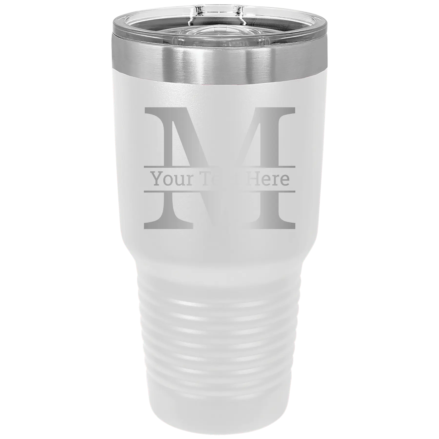 Personalized white 30 oz vacuum insulated tumbler with 'Monogram letter M' design