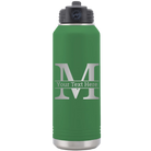 Personalized green 32 oz vacuum insulated water bottle with 'Monogram letter M' design