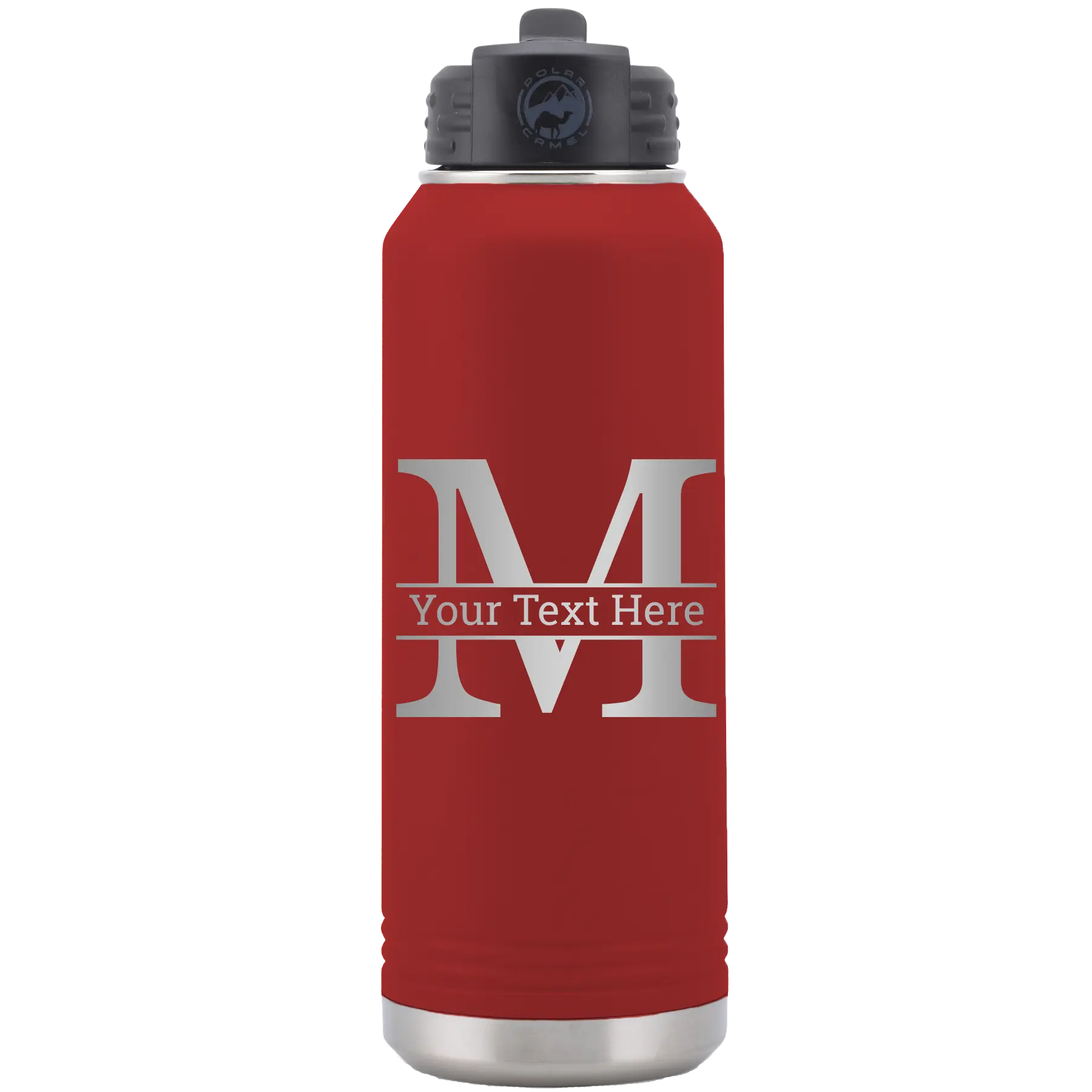 Personalized maroon 32 oz vacuum insulated water bottle with 'Monogram letter M' design