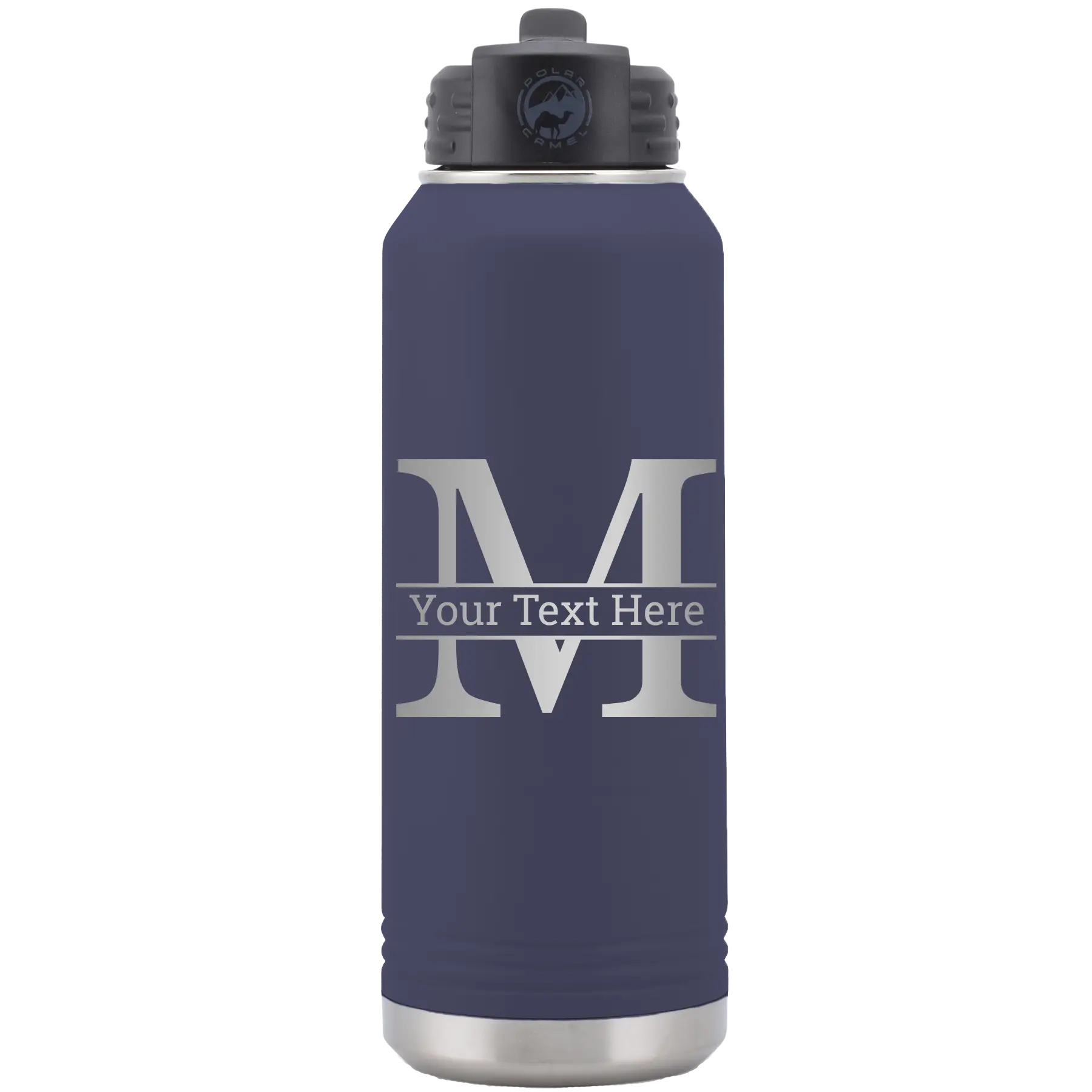 Personalized navy 32 oz vacuum insulated water bottle with 'Monogram letter M' design