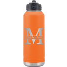 Personalized orange 32 oz vacuum insulated water bottle with 'Monogram letter M' design