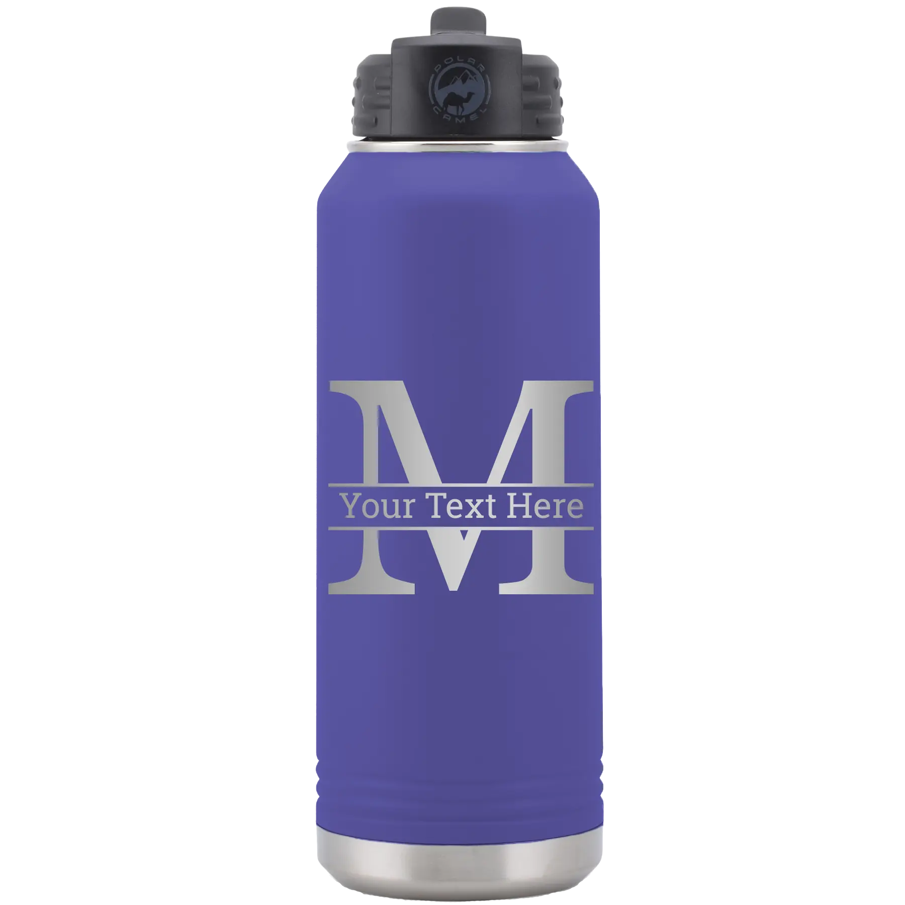 Personalized purple 32 oz vacuum insulated water bottle with 'Monogram letter M' design