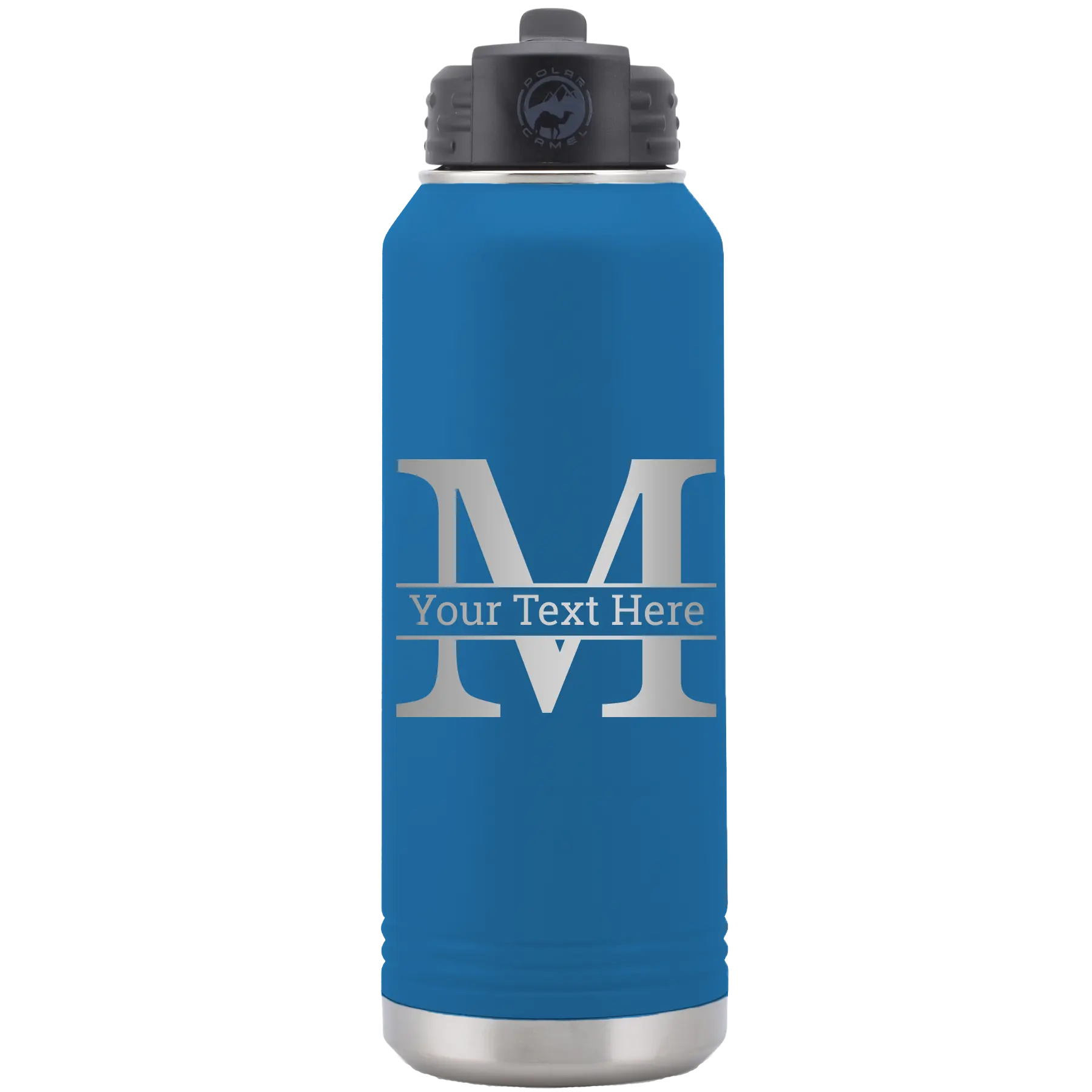 Personalized royal blue 32 oz vacuum insulated water bottle with 'Monogram letter M' design