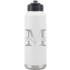 Personalized white 32 oz vacuum insulated water bottle with 'Monogram letter M' design