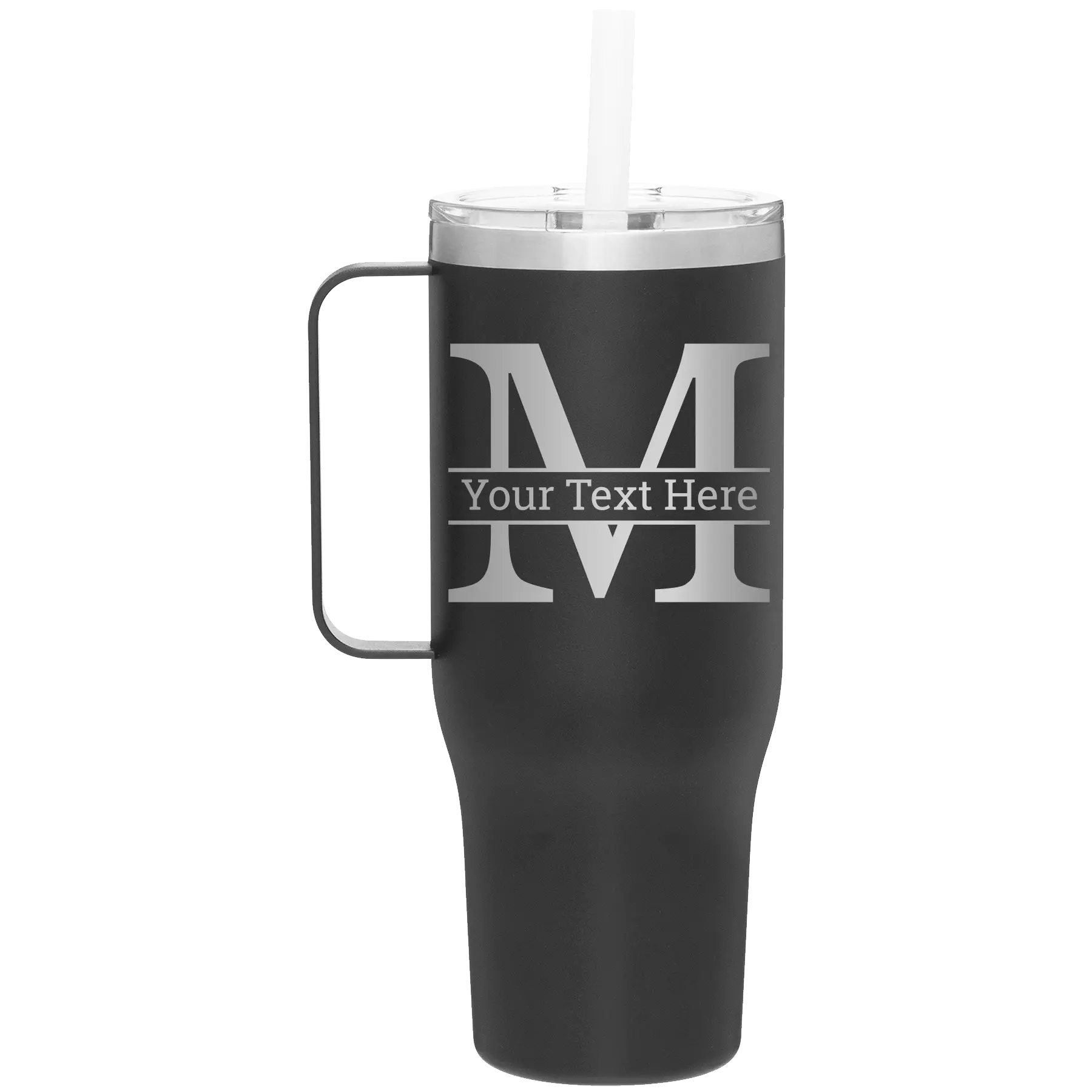 Personalized black 40 oz vacuum insulated tumbler mug with 'Monogram letter M' design