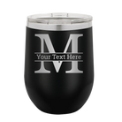 Personalized black 12 oz vacuum insulated wine cup with 'Monogram letter M' design