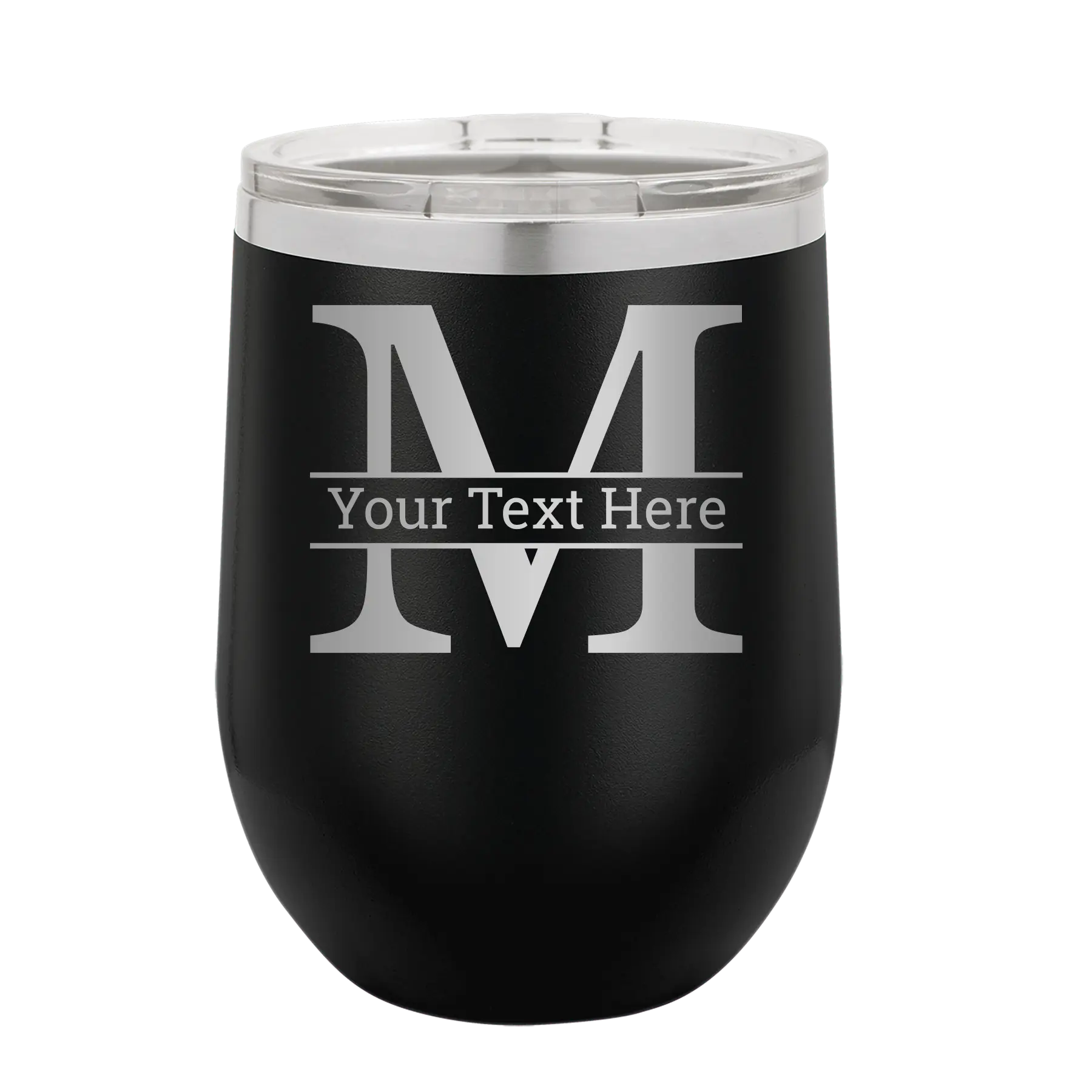 Personalized black 12 oz vacuum insulated wine cup with 'Monogram letter M' design