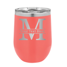 Personalized coral 12 oz vacuum insulated wine cup with 'Monogram letter M' design