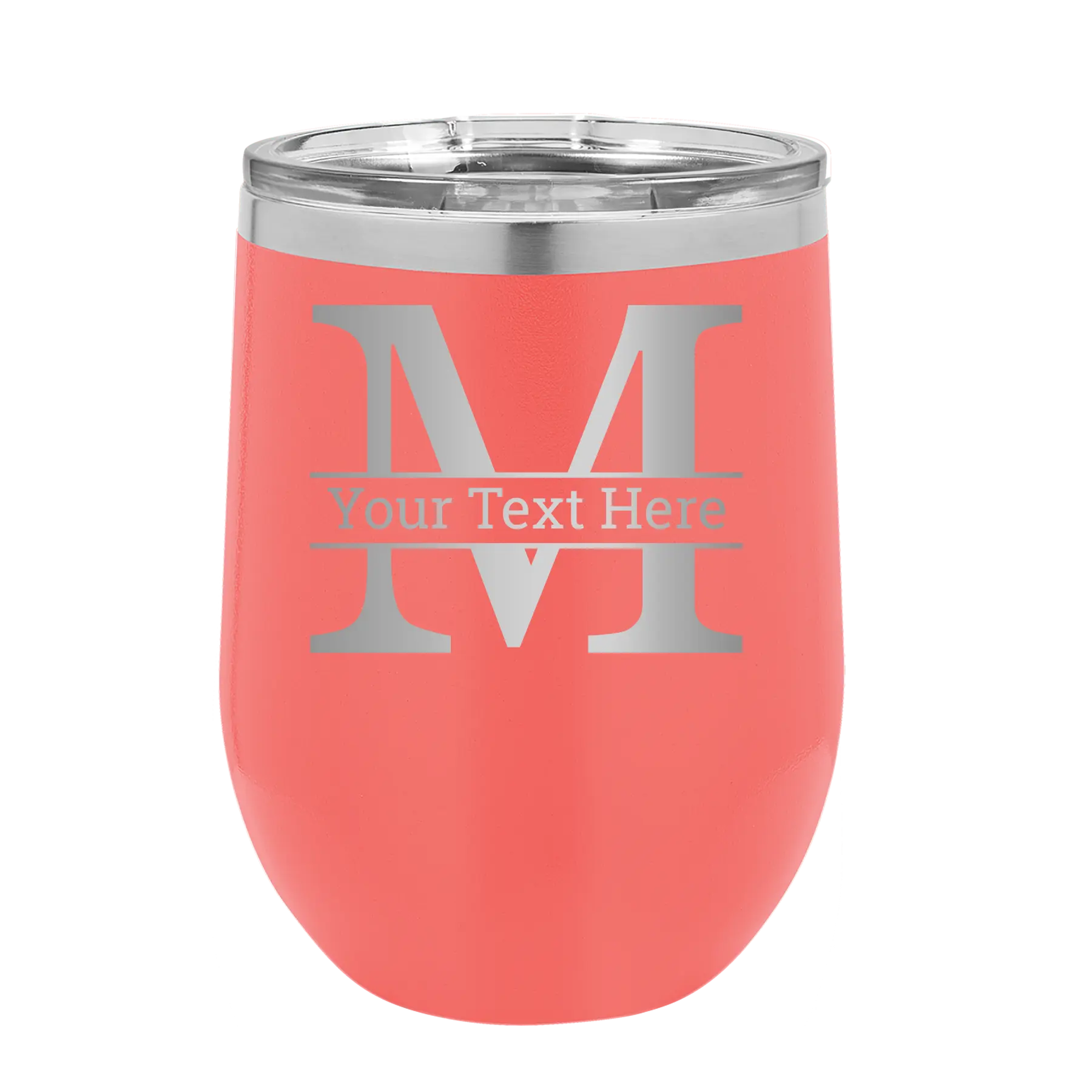 Personalized coral 12 oz vacuum insulated wine cup with 'Monogram letter M' design