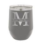 Personalized dark gray 12 oz vacuum insulated wine cup with 'Monogram letter M' design