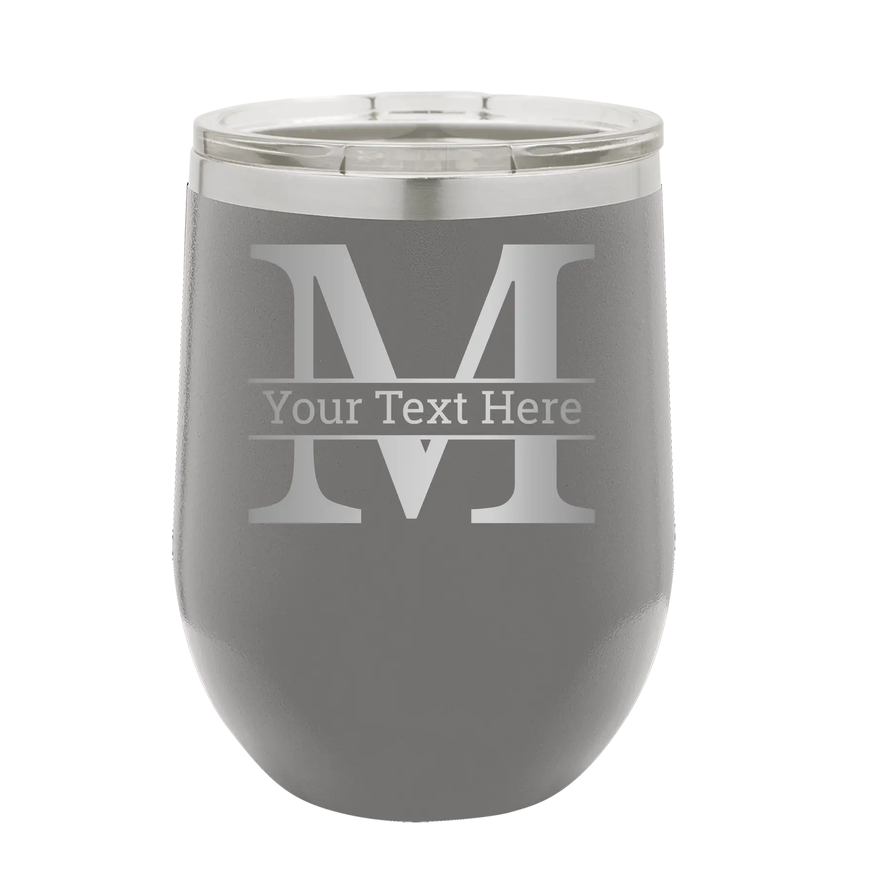 Personalized dark gray 12 oz vacuum insulated wine cup with 'Monogram letter M' design