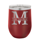 Personalized maroon 12 oz vacuum insulated wine cup with 'Monogram letter M' design