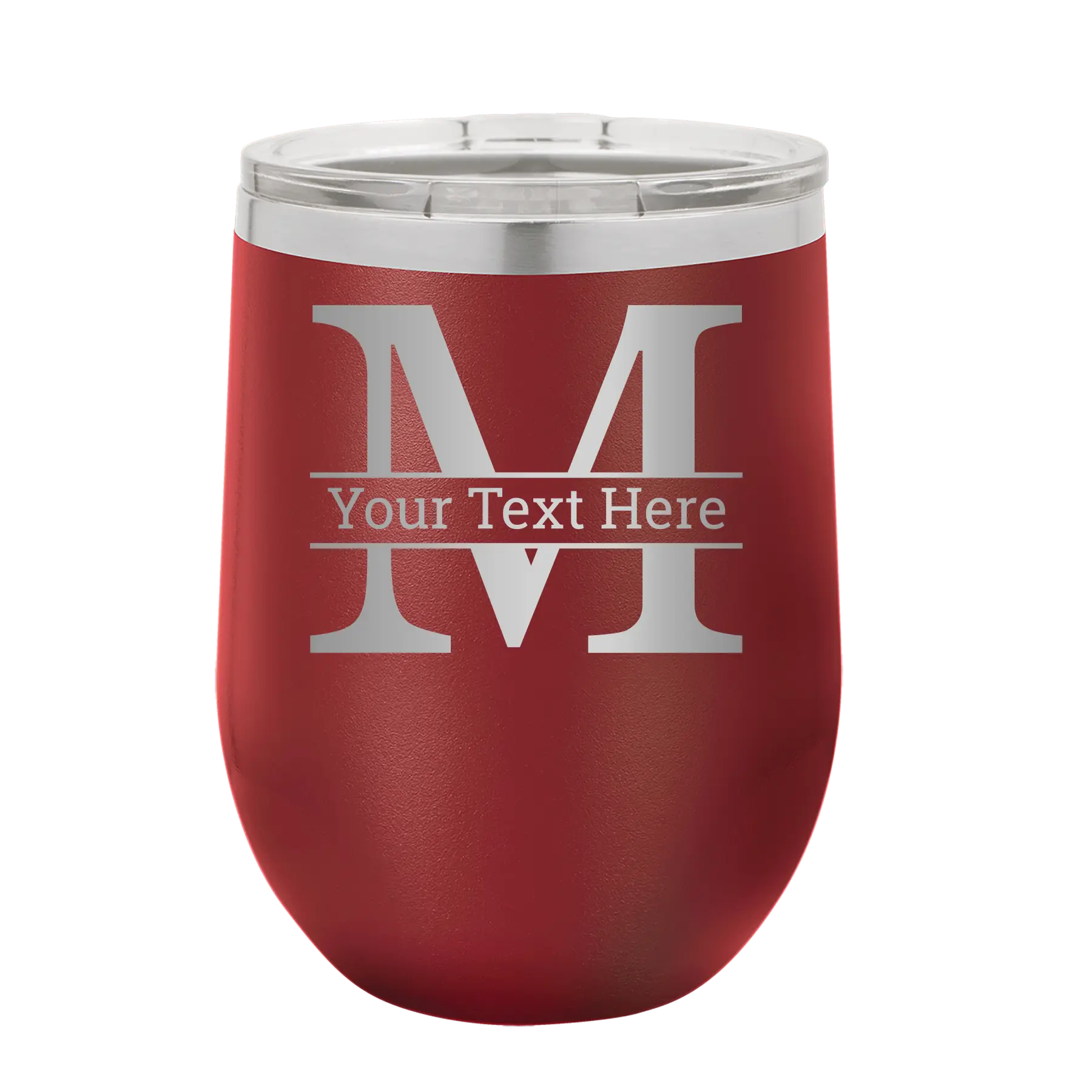 Personalized maroon 12 oz vacuum insulated wine cup with 'Monogram letter M' design