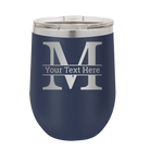 Personalized navy 12 oz vacuum insulated wine cup with 'Monogram letter M' design