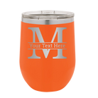 Personalized orange 12 oz vacuum insulated wine cup with 'Monogram letter M' design