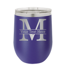 Personalized purple 12 oz vacuum insulated wine cup with 'Monogram letter M' design