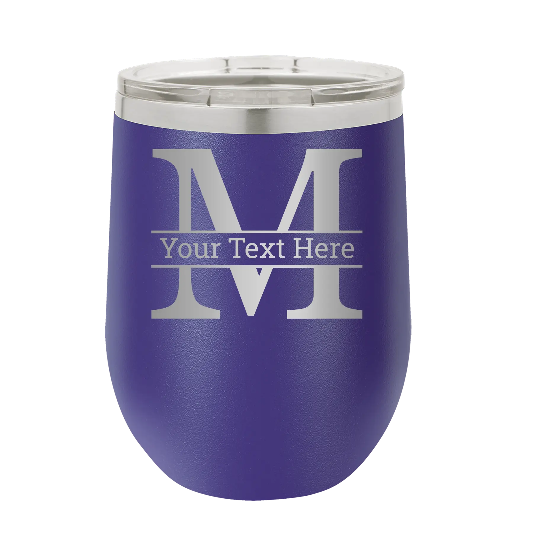 Personalized purple 12 oz vacuum insulated wine cup with 'Monogram letter M' design