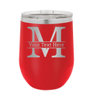 Personalized red 12 oz vacuum insulated wine cup with 'Monogram letter M' design