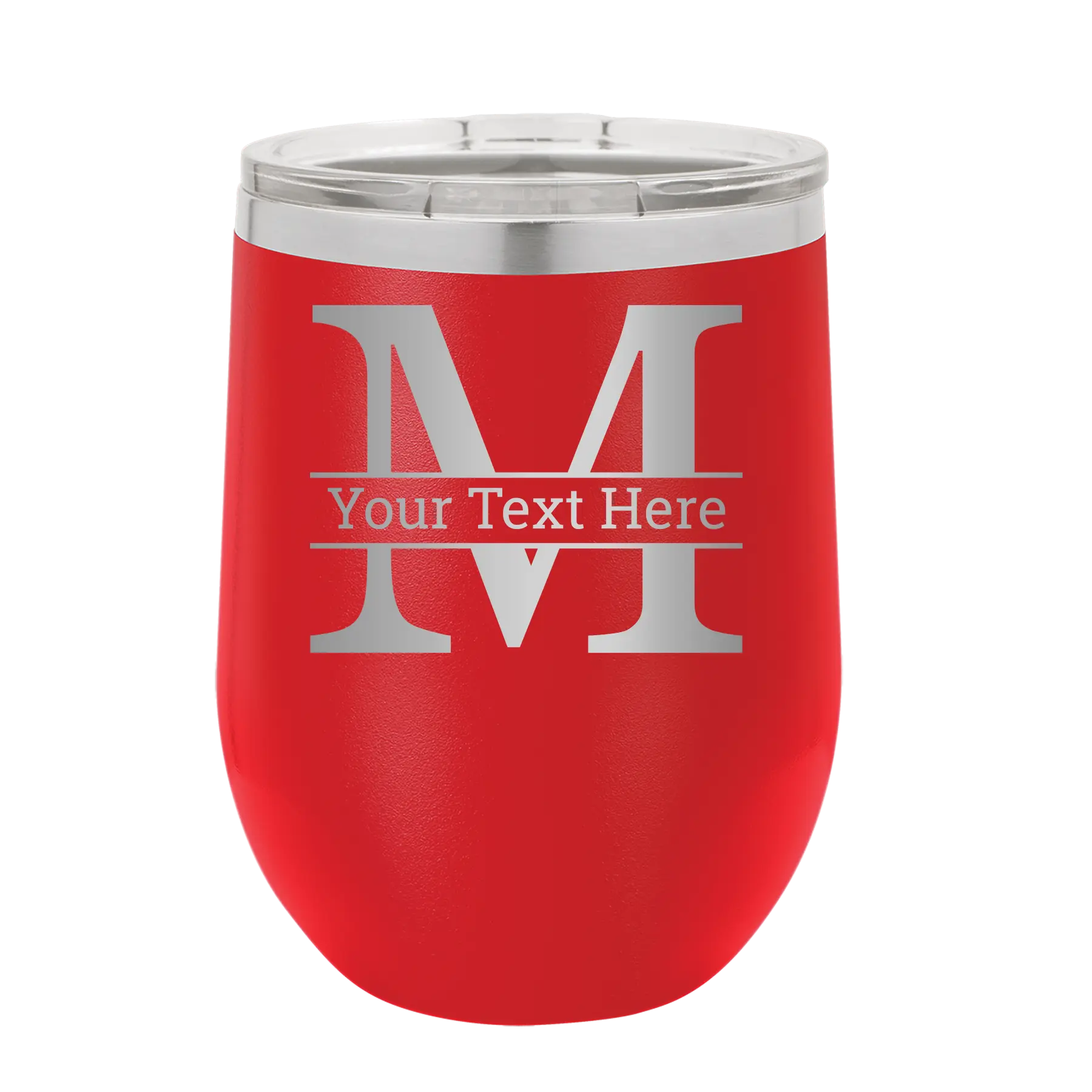 Personalized red 12 oz vacuum insulated wine cup with 'Monogram letter M' design