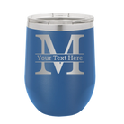 Personalized royal blue 12 oz vacuum insulated wine cup with 'Monogram letter M' design