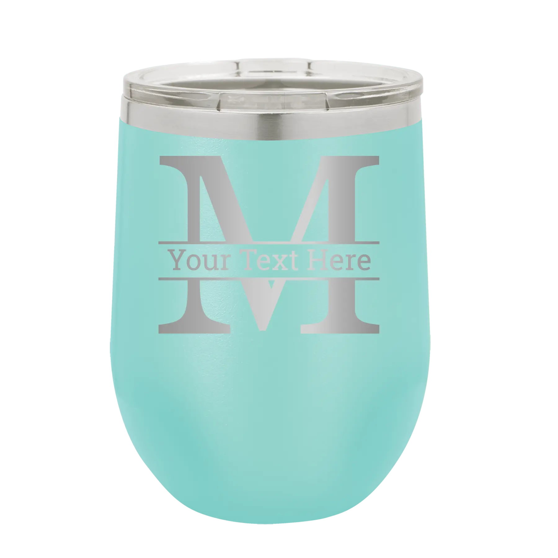 Personalized teal 12 oz vacuum insulated wine cup with 'Monogram letter M' design