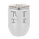 Personalized white 12 oz vacuum insulated wine cup with 'Monogram letter M' design