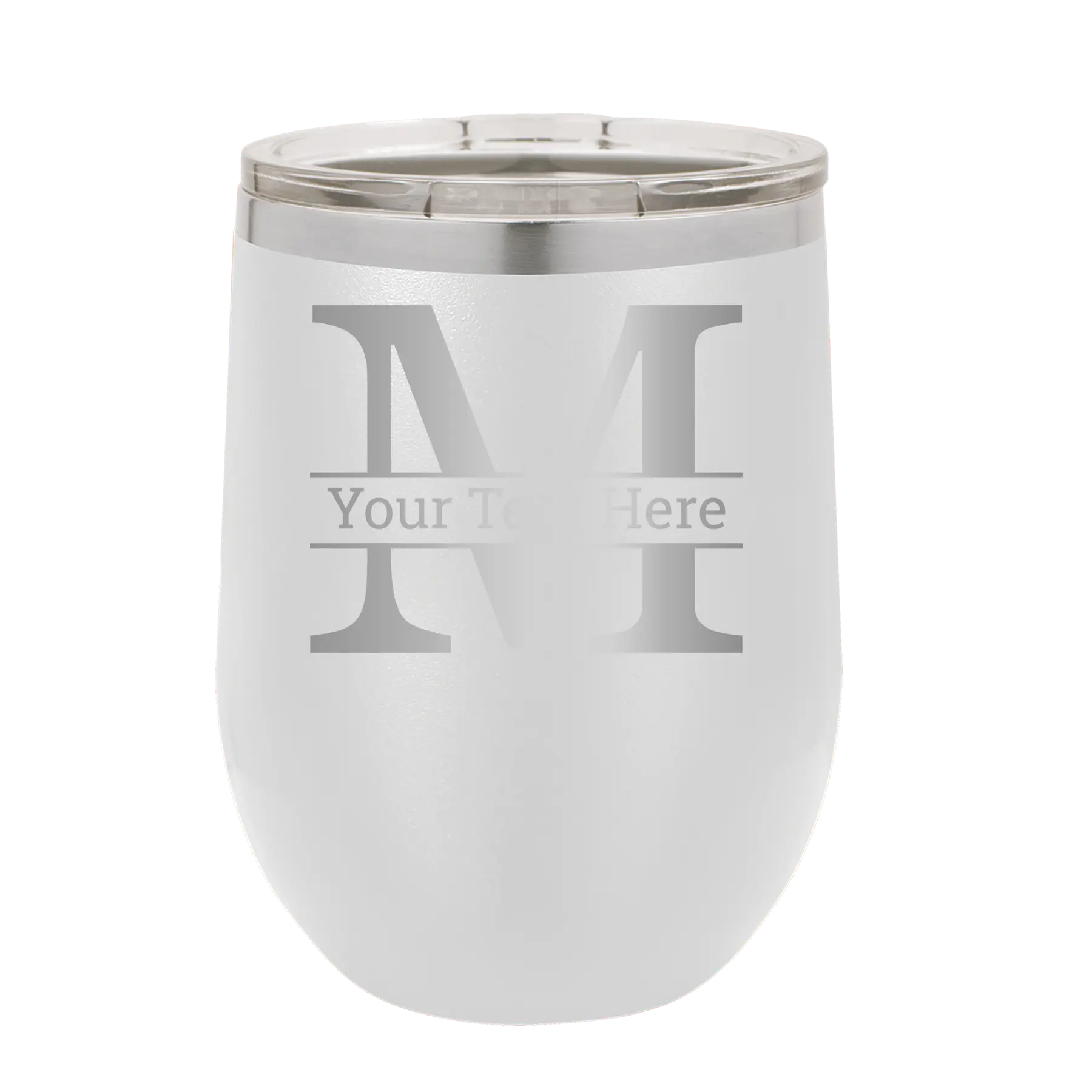 Personalized white 12 oz vacuum insulated wine cup with 'Monogram letter M' design