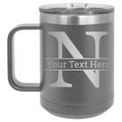 Personalized dark gray 15 oz vacuum insulated coffee mug with 'Monogram letter N' design