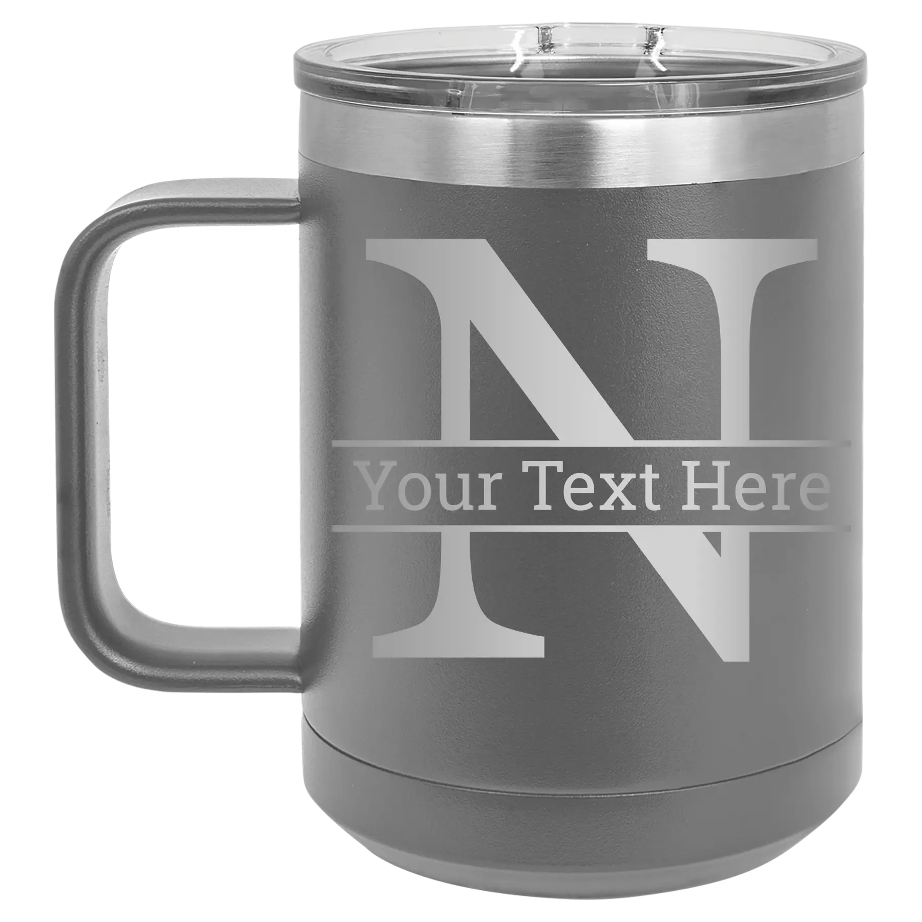 Personalized dark gray 15 oz vacuum insulated coffee mug with 'Monogram letter N' design